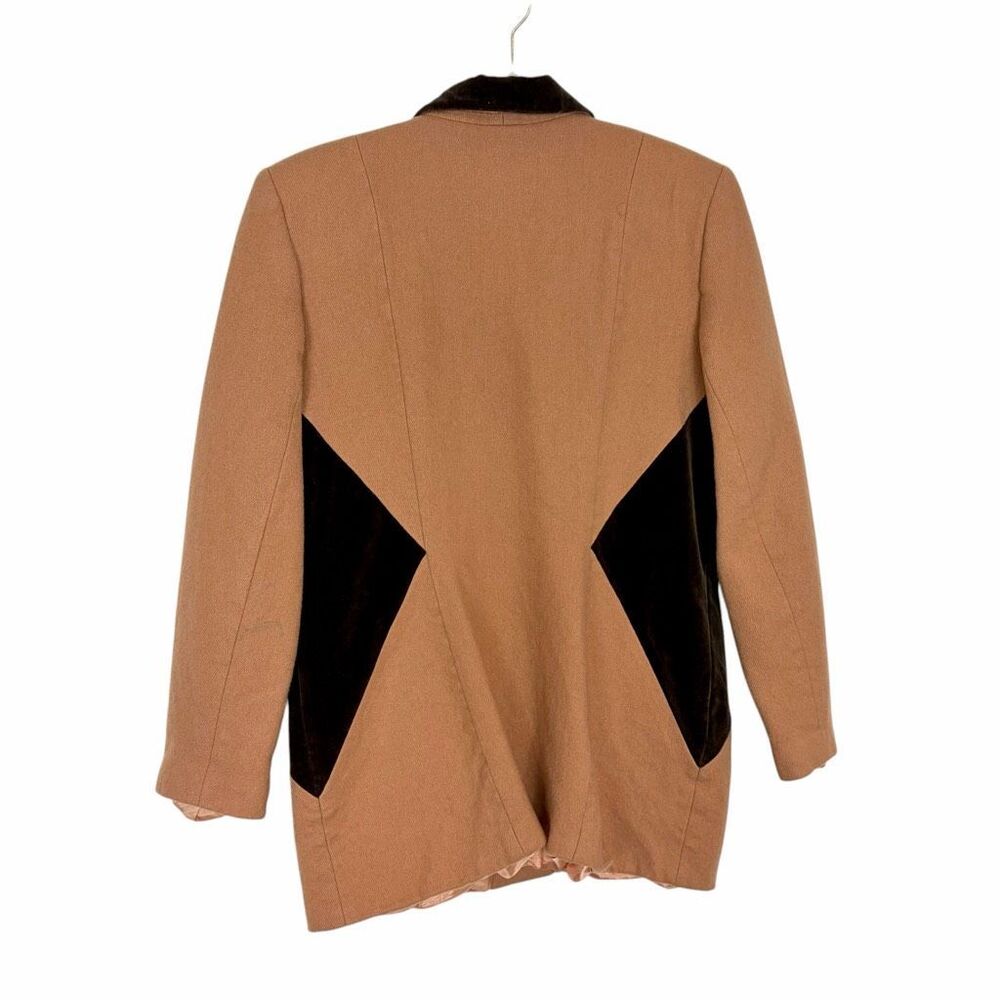 Vintage Urban Wool Blazer Womens 14 Tan Brown Merino l Velvet Trim Button Front - Picture 2 of 13